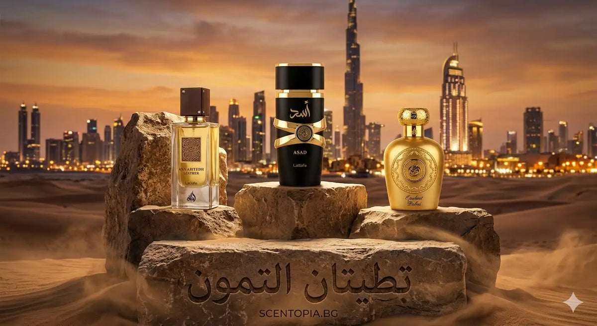 Най-трайните арабски парфюми Lattafa Asad, Leather и Opulent Dubai върху каменен пиедестал в Дубай при залез - Scentopia.bg