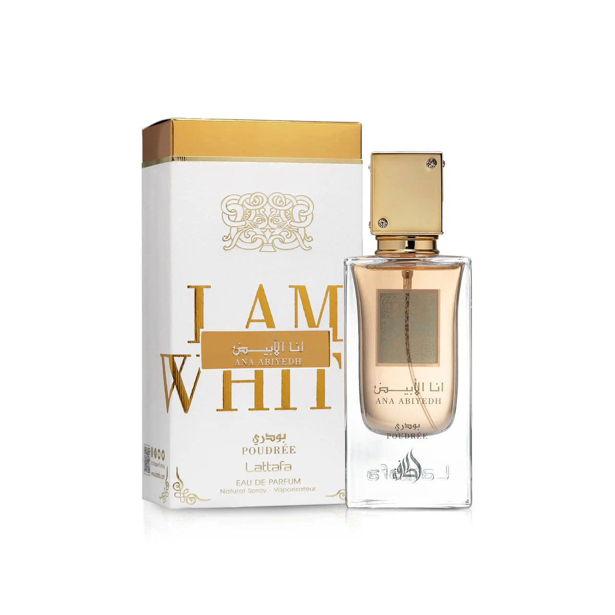 Флакон на Lattafa Ana Abiyedh Poudrée EDP W 60 ml – дамски пудрен арабски парфюм в елегантен бял дизайн.