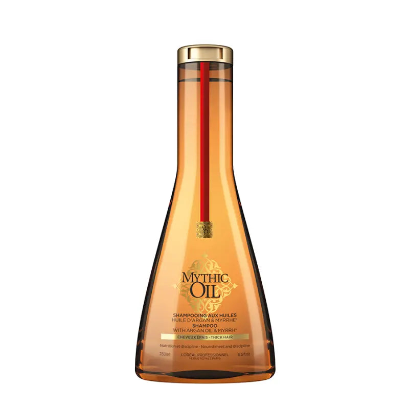 Професионален шампоан L’Oréal Mythic Oil за гъста коса – подхранване, блясък и контрол без утежняване.