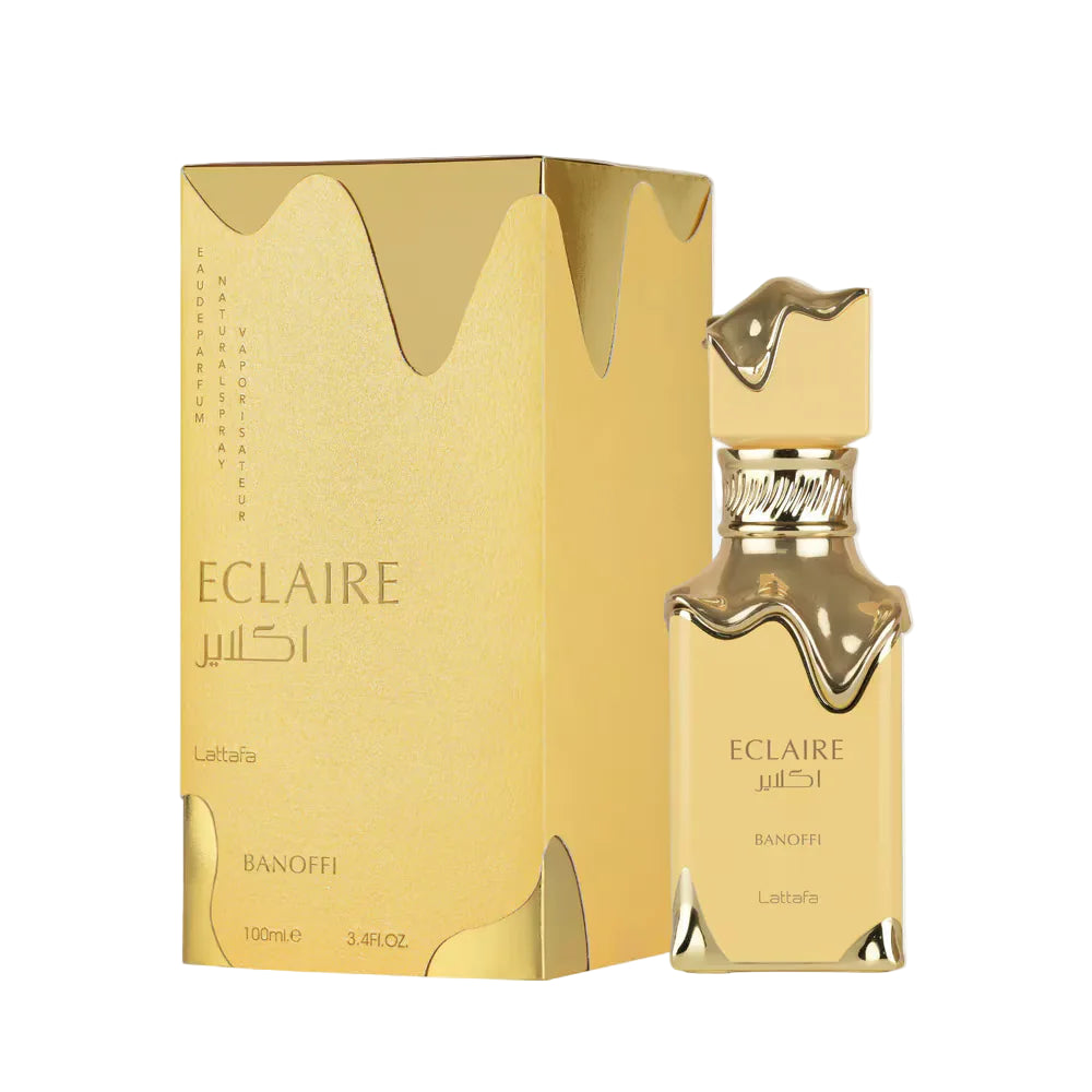 Парфюм Lattafa Eclaire Banoffi 100ml – елегантен флакон в златисто-кафяви нюанси, символ на гурме сладост и чувственост.