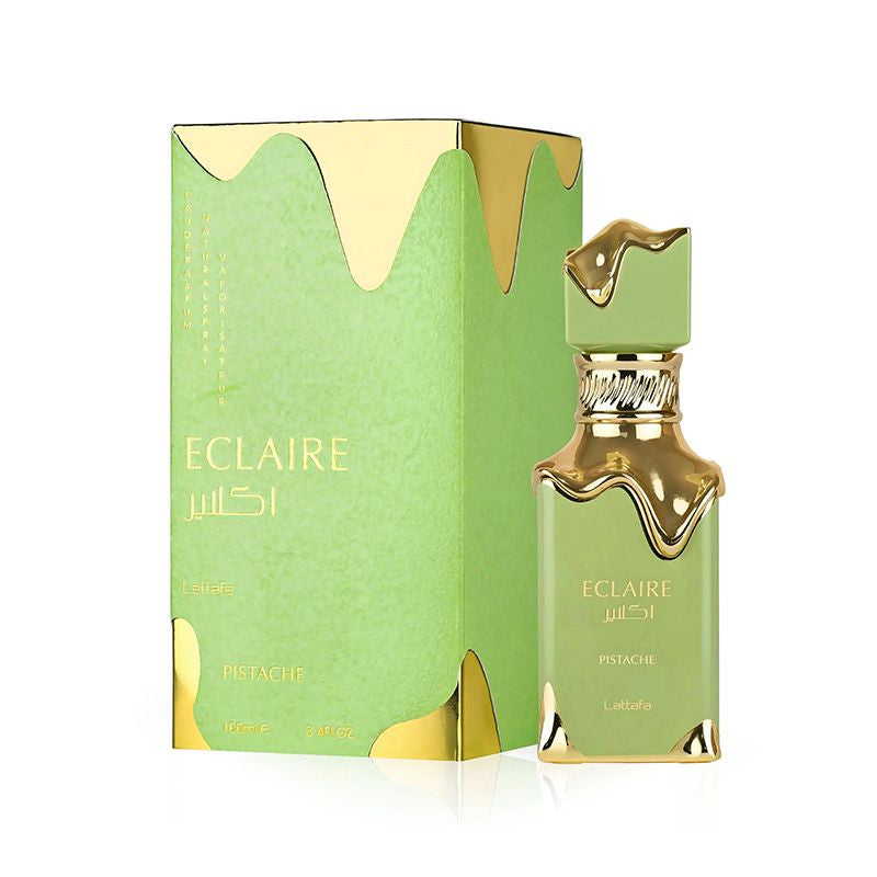 Парфюм Lattafa Eclaire Pistache 100ml – елегантен флакон в пастелно зелени тонове със златни акценти, вдъхновен от арабската сладост на шамфъстък и ванилия.