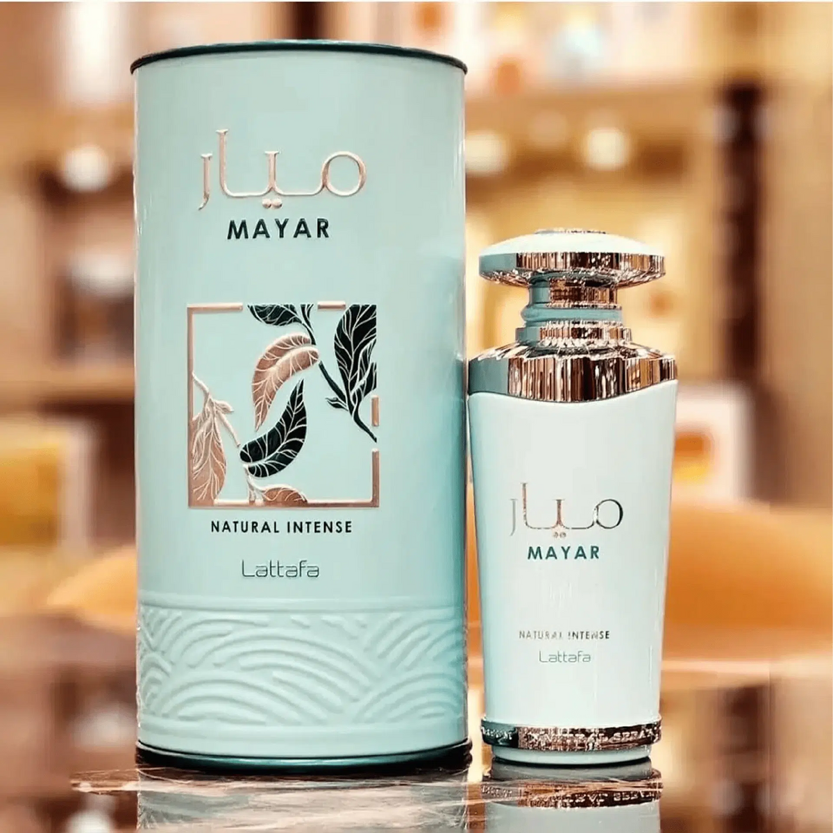 Lattafa Mayar Natural Intense Eau de Parfum 100 мл – женски аромат с плодови и цветни нотки, луксозен розово-златист флакон.