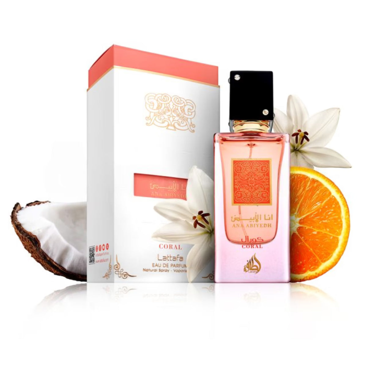 Флакон на Lattafa Ana Abiyedh Coral EDP U 60 ml – унисекс арабски парфюм с изискан коралов дизайн.