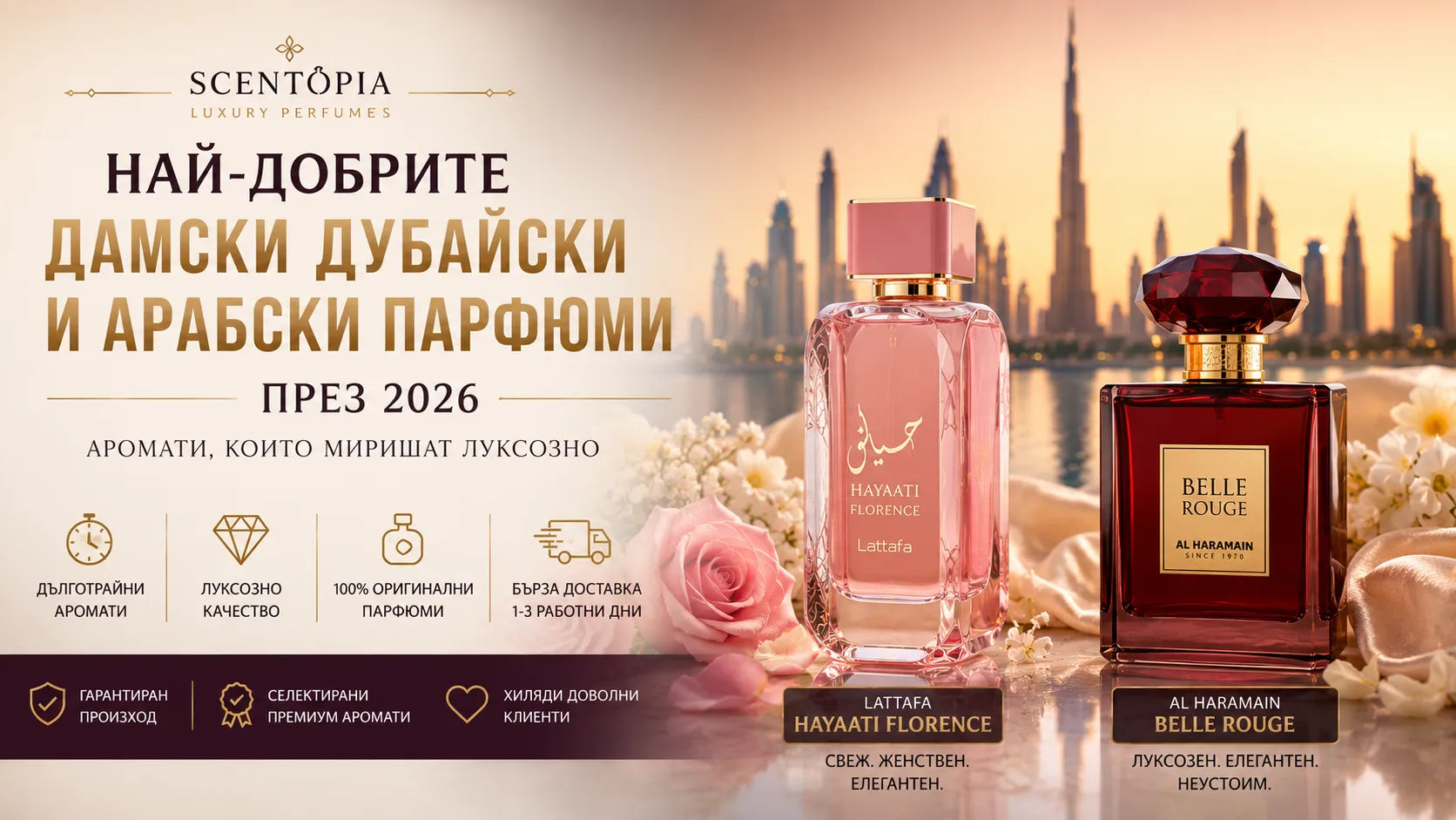 Най-добрите дамски дубайски и арабски парфюми през 2026 – luxury аромати за жени от Lattafa и Al Haramain