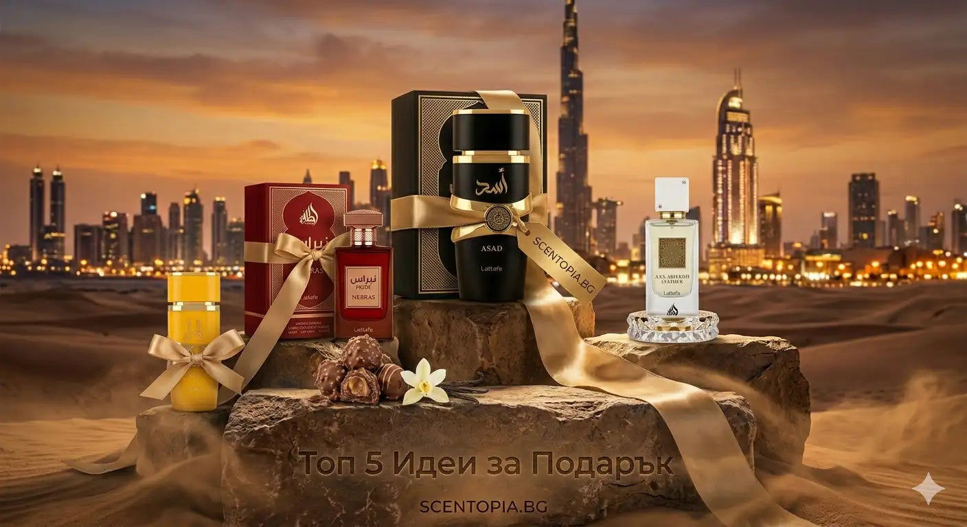 Луксозни арабски подаръчни комплекти Lattafa Asad за мъже и Nebras за жени с ванилия и шоколад на фон Дубай - Scentopia.bg