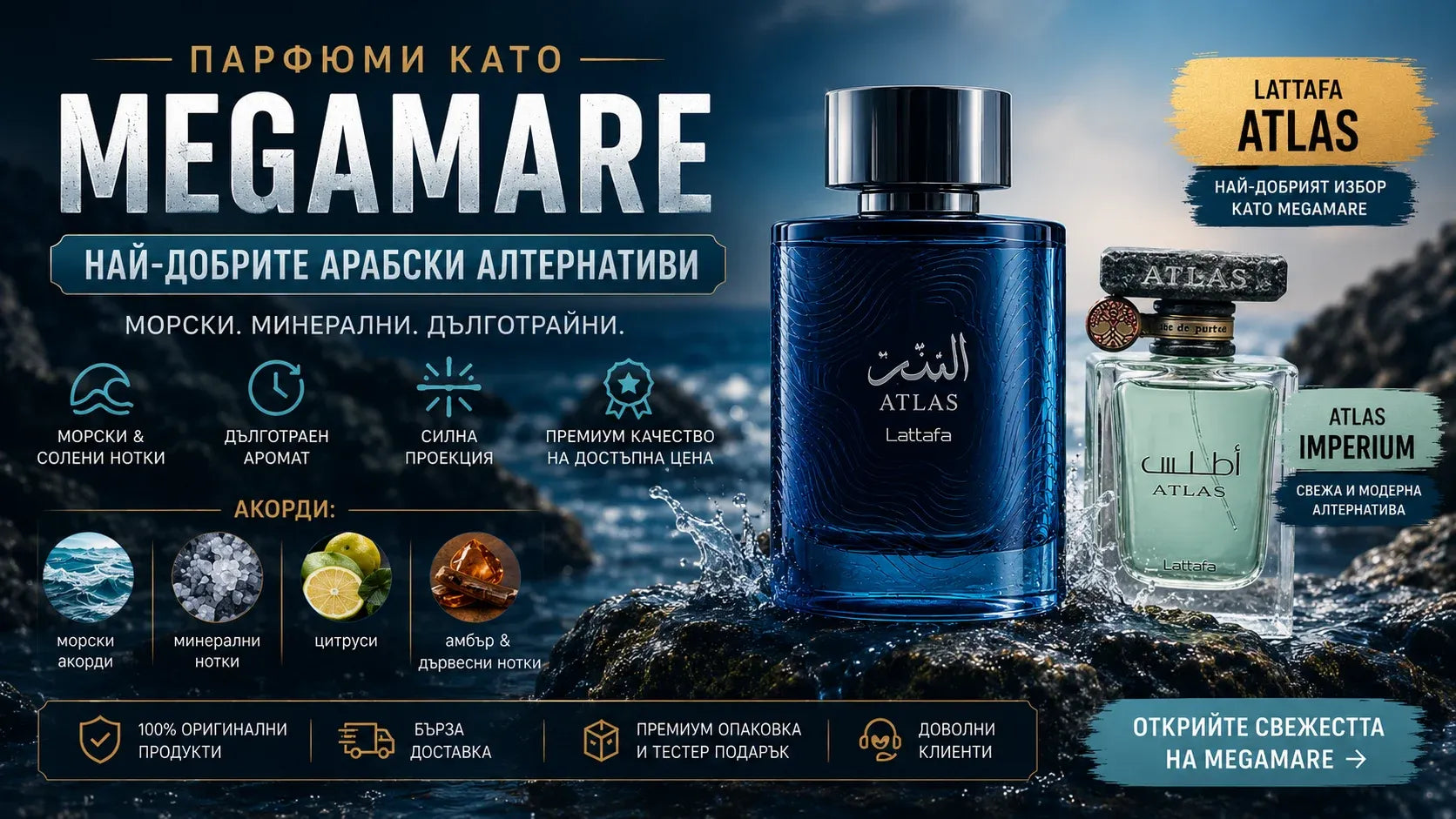 Lattafa Atlas – арабски парфюм като Megamare с морски и минерални нотки