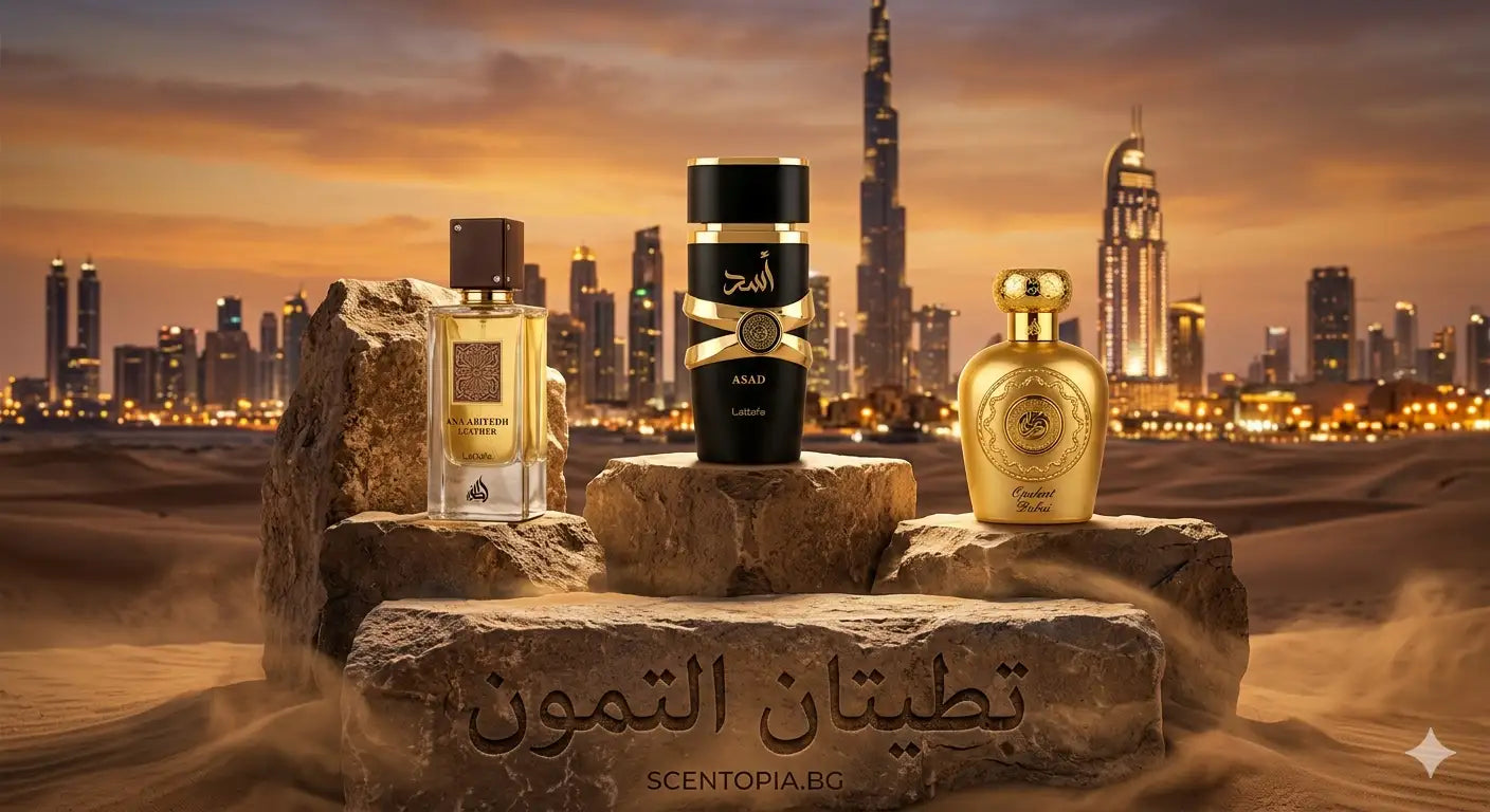 Най-трайните арабски парфюми Lattafa Asad, Leather и Opulent Dubai върху каменен пиедестал в Дубай при залез - Scentopia.bg