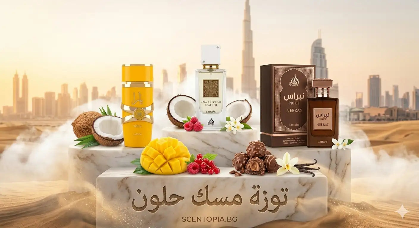 Гурме арабски парфюми Lattafa Yara Tous с манго, шоколадовия Nebras и чистия бял мускус Ana Abiyedh на фон Дубай - Scentopia.bg