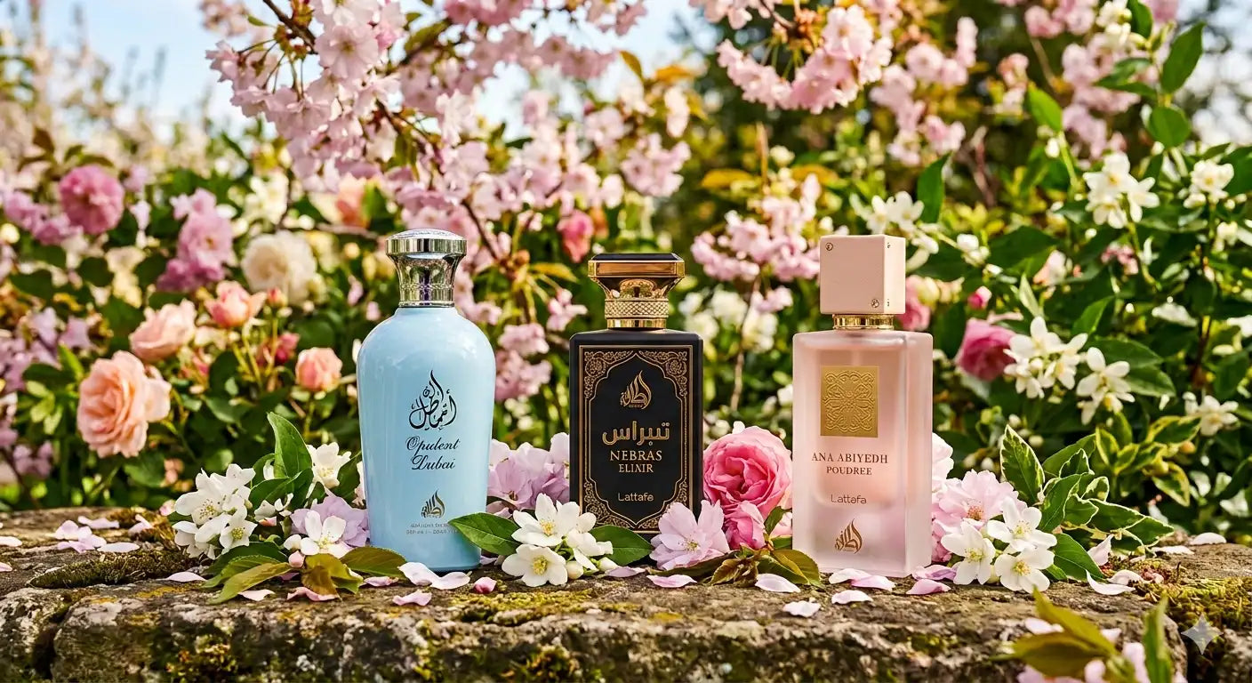 Трите най-добри арабски парфюма за пролетта на Scentopia: светлосиният Opulent Dubai, Lattafa Nebras Elixir и Lattafa Ana Abiyedh Poudree, подредени върху дървена основа сред разцъфнала градина в България.