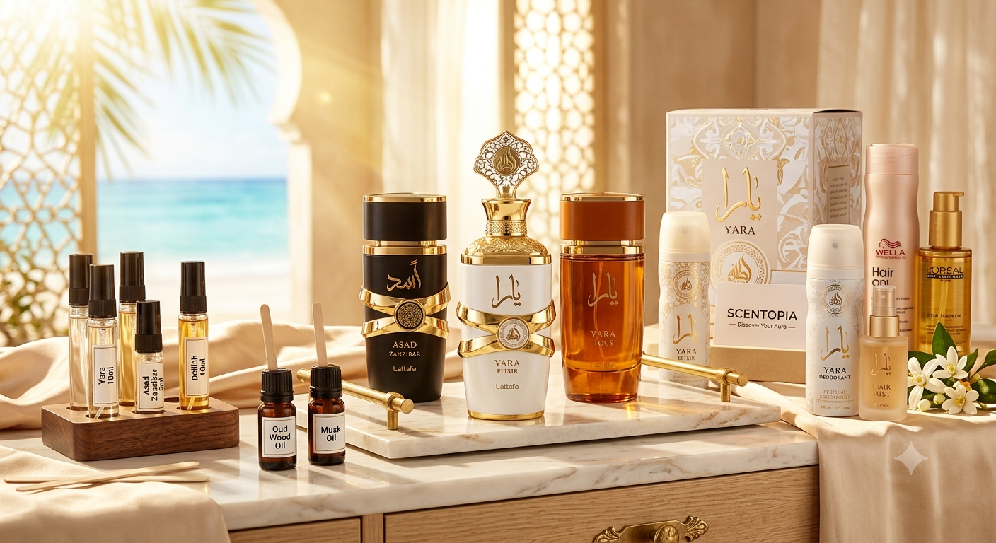 Луксозна лятна селекция в Scentopia с арабски парфюми Lattafa Yara Elixir, Yara Tous, Asad Zanzibar, парфюмни отливки, масла, дезодоранти и професионални продукти за коса на мраморен поднос с изглед към морето