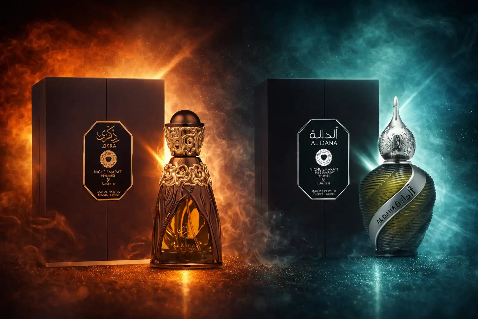 Арабски парфюми онлайн: как да избереш траен ориенталски аромат, който оставя шлейф. Две бутилки с ароматни парфюми на фон.