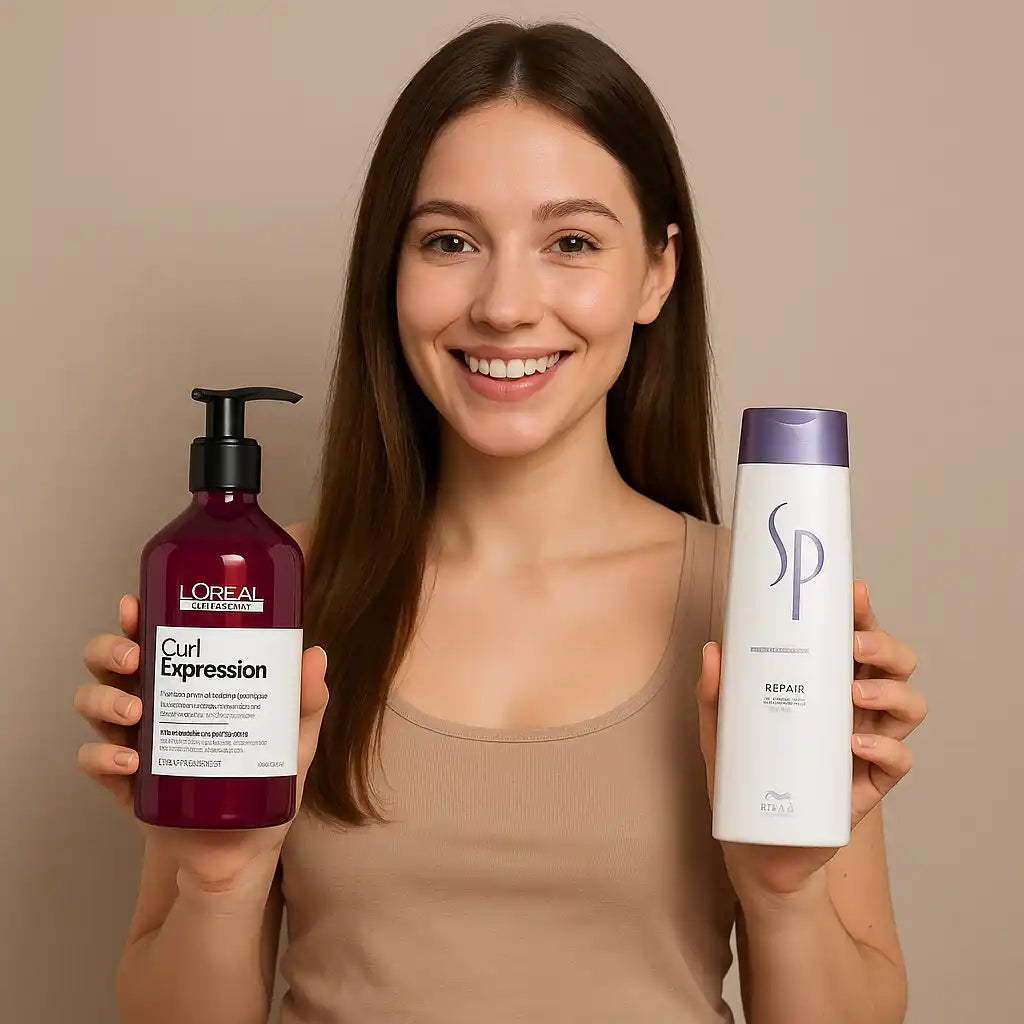 Жена с два продукта за коса - L'Oreal Curl Expression и SP Repair, показваща грижа за косата и прическите.