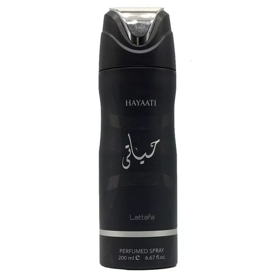 Lattafa Hayaati Deodorant Spray 200ml – мъжки арабски дезодорант в черна опаковка с пикантно-дървесен аромат