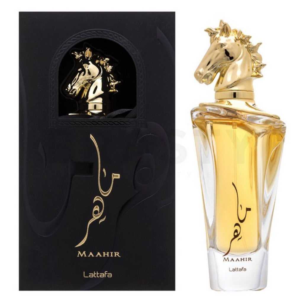 Lattafa Maahir Eau de Parfum с изискан флакон и златна капачка, арабски парфюм с уникален аромат и стилен дизайн.