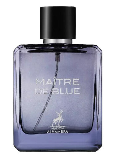 Парфюм Maitre de Blue от Maison Alhambra в стилна бутилка, вдъхновен от класически аромати с дървесни нотки.