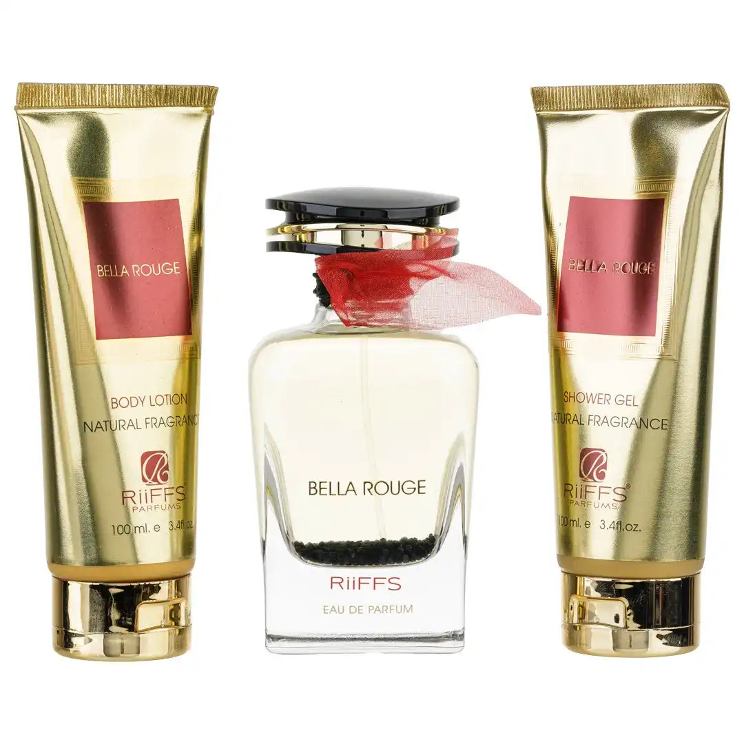 Луксозен дамски комплект Bella Rouge от Riiffs с парфюм, душ гел и лосион, вдъхновен от Carolina Herrera Good Girl