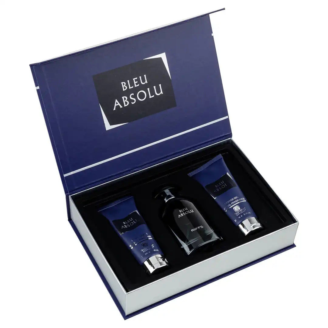Стилен мъжки комплект Bleu Absolu от Riiffs с парфюм, душ гел и лосион, вдъхновен от Chanel Bleu de Chanel