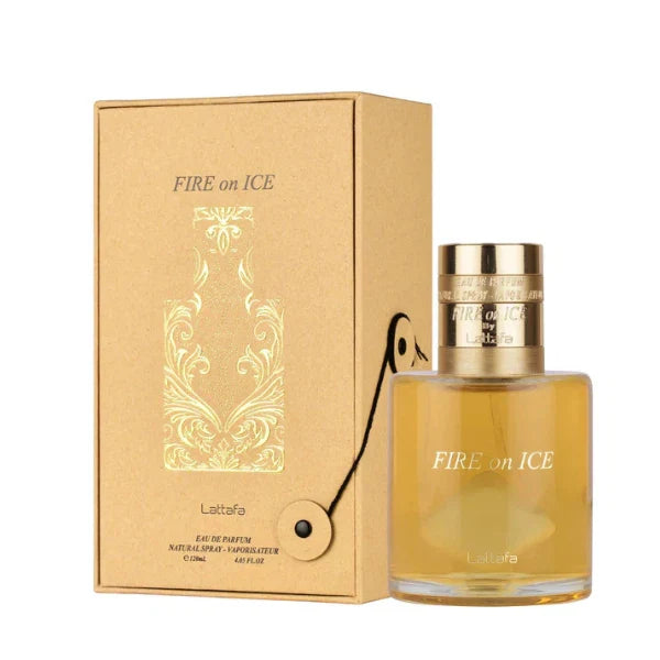 Парфюм Lattafa Fire On Ice 100ml – елегантен флакон с червено-леден контраст, символизиращ сблъсъка между страст и хладна елегантност.
