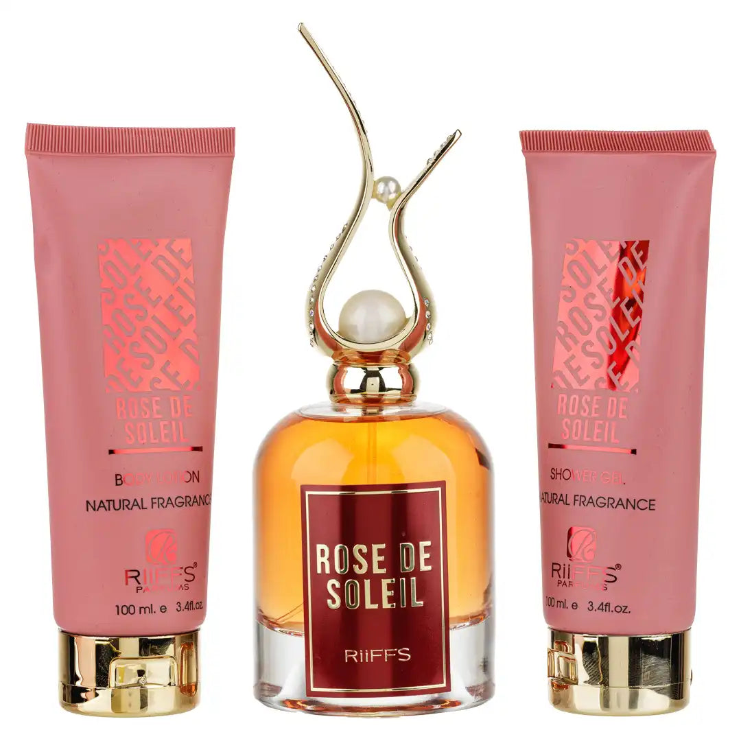 Луксозен дамски комплект Rose De Soleil от Riiffs с парфюм, душ гел и лосион в розово-златиста опаковка