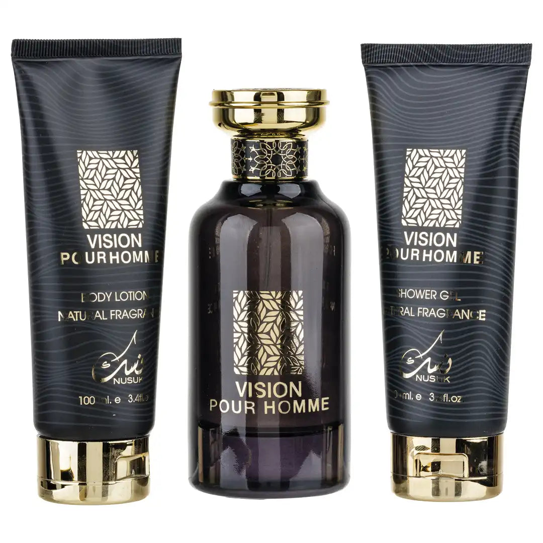 Мъжки комплект Vision Pour Homme от Nusuk с парфюм, душ гел и лосион, вдъхновен от Dior Sauvage, представен в стилна тъмна опаковка