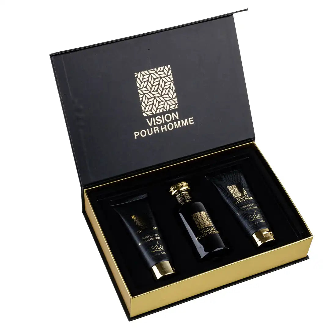 Мъжки комплект Vision Pour Homme от Nusuk с парфюм, душ гел и лосион, вдъхновен от Dior Sauvage, представен в стилна тъмна опаковка