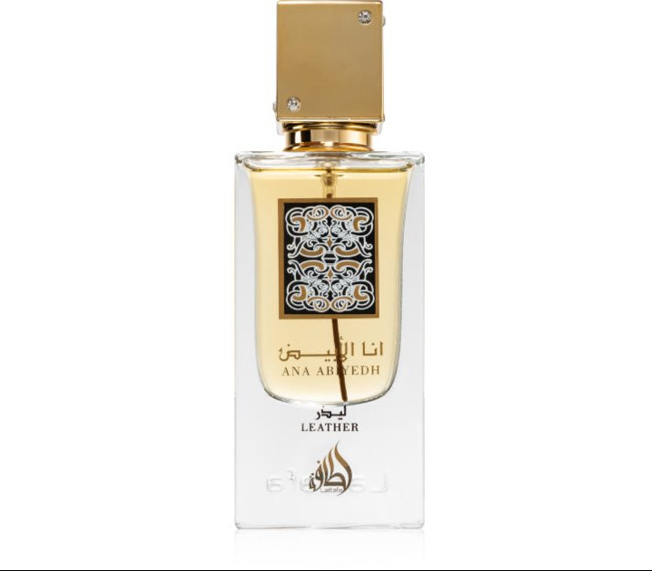 Луксозен парфюм Lattafa Ana Abiyedh Leather в елегантен стъклен флакон със сребриста капачка и минималистичен дизайн.