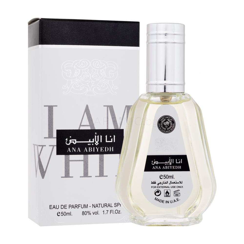 Бутилка Ana Abiyedh White 50ml – изчистен, елегантен флакон върху мек светъл фон, символизиращ чистотата на аромата.