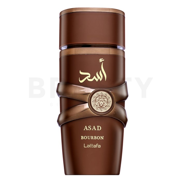 Флакон на Lattafa Asad Bourbon върху тъмен фон, символизиращ дълбочината и интензитета на аромата.