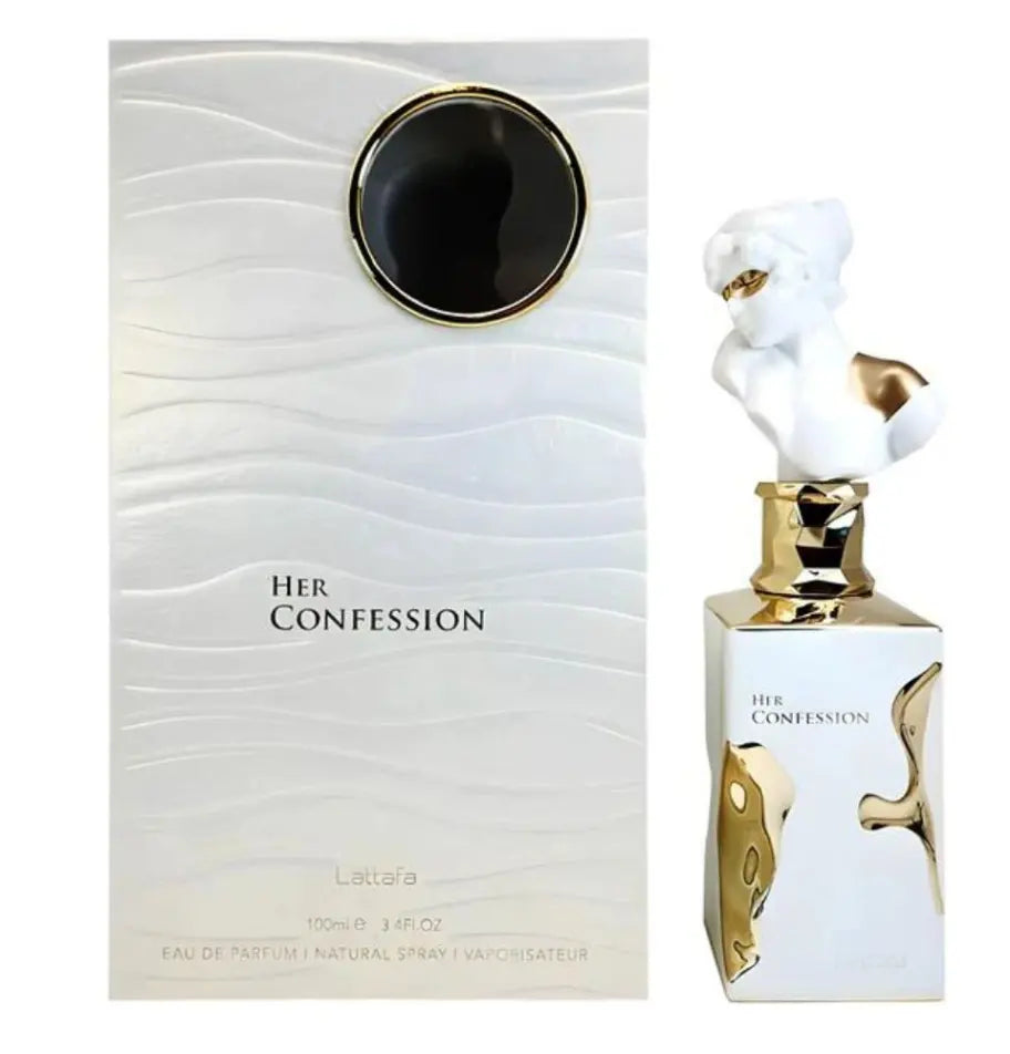 Изискан бял и златист флакон Lattafa Her Confession 100 ml, върху светъл фон с меко осветление.