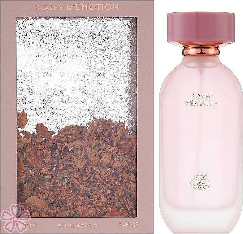 Парфюм Fragrance World Roses D'Emotion с елегантен дизайн и флорален аромат в розова бутилка.