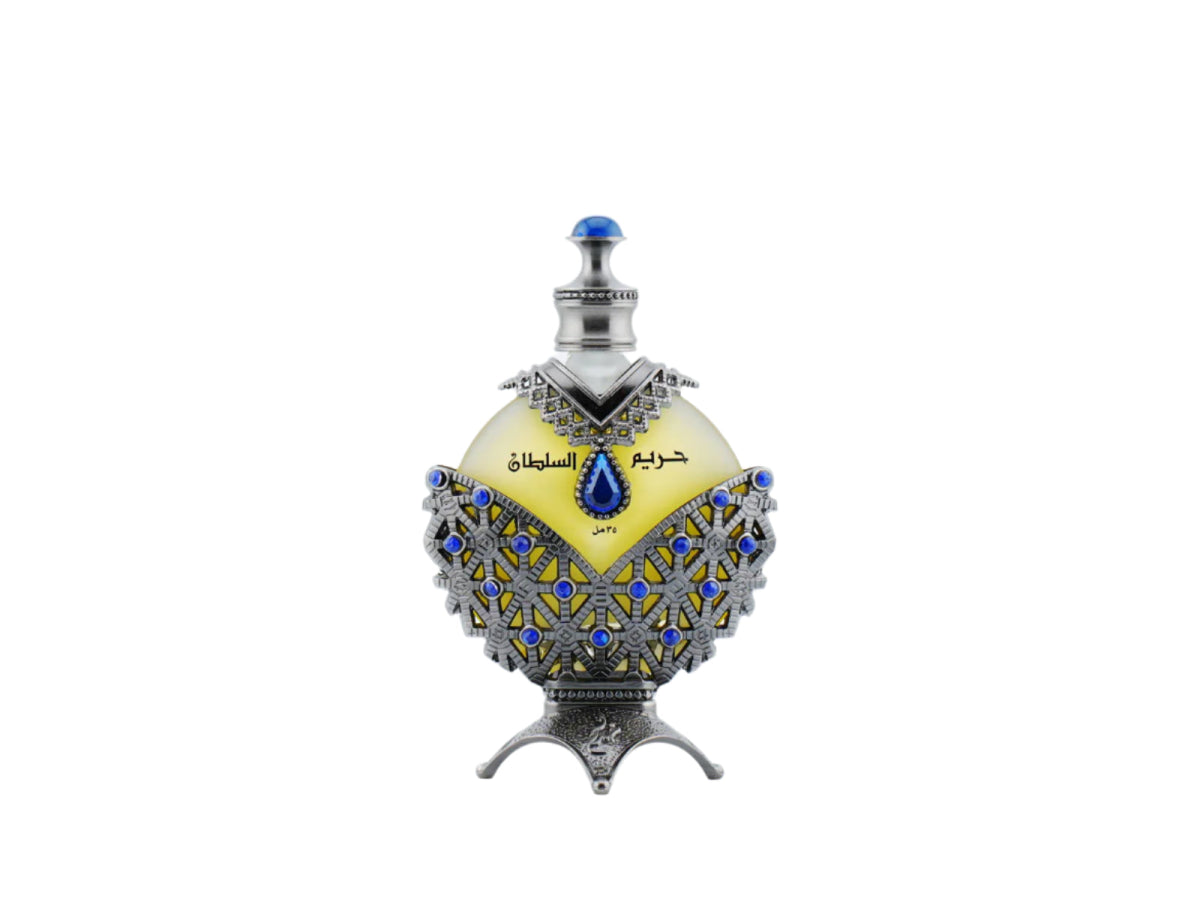 Парфюмно масло Khadlaj Hareem Al Sultan Blue в стилна бутилка с уникален дизайн и богата украса.