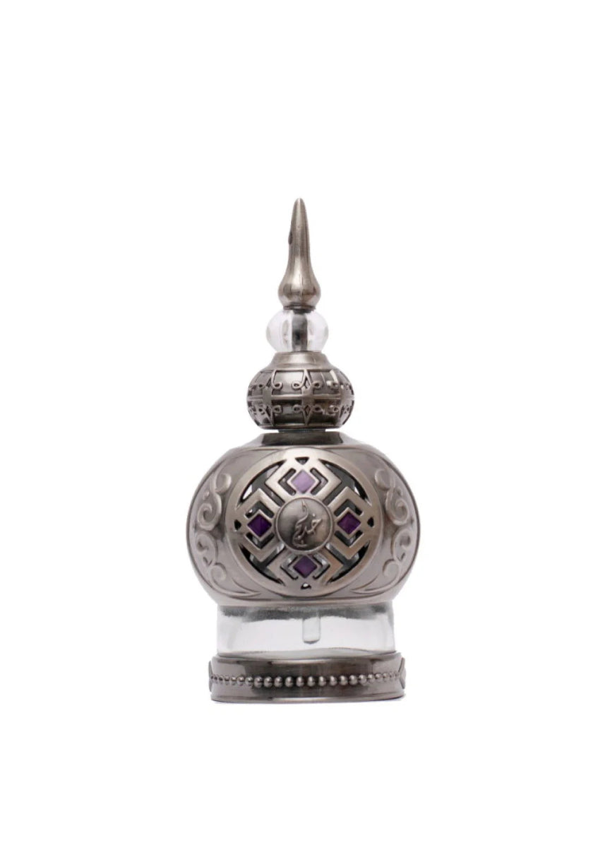 Красива бутилка за парфюм Khadlaj Shamookh Silver, декорирана с златисти и виолетови елементи.