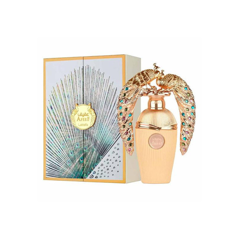 Lattafa Afeef EDP 100 ml с елегантен флакон и подаръчна кутия, идеален за подарък и ежедневна употреба.
