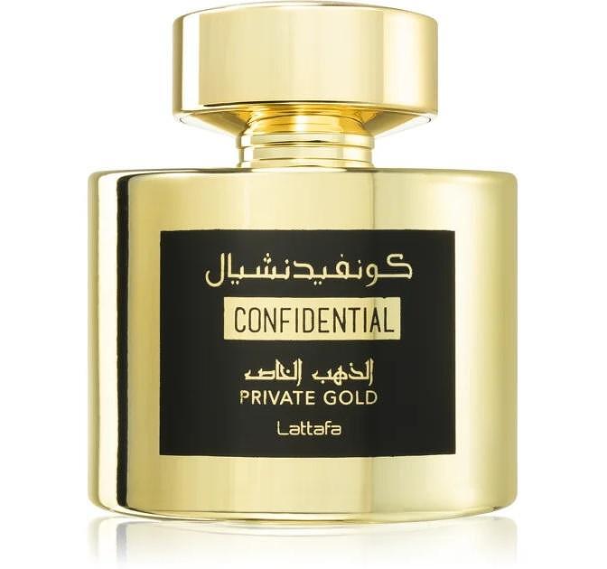 Флакон на Lattafa Confidential Private Gold – златист, елегантен парфюм с ориенталски характер, за стилни и уверени личности.