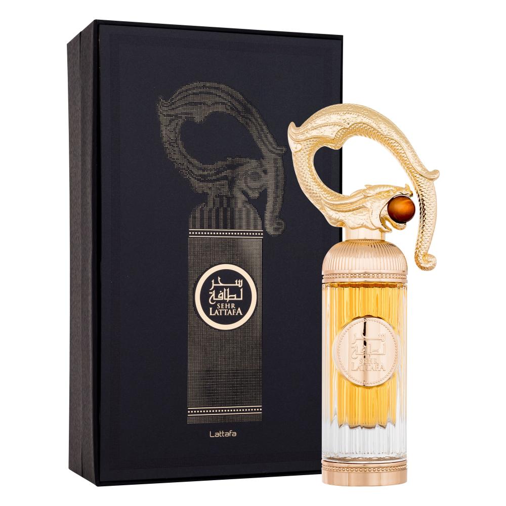 Флакон на Lattafa Sehr EDP в тъмно и златисто, луксозен дизайн с ориенталски мотиви, символ на мистичен чар и съблазнителност.