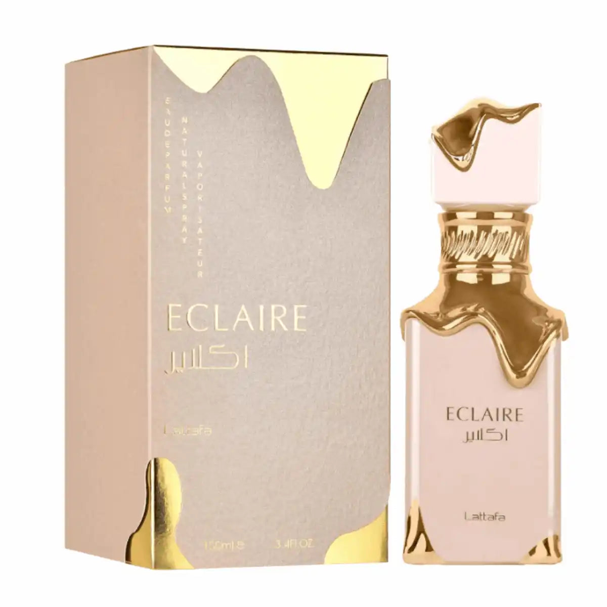 Lattafa Eclaire Eau de Parfum с елегантна опаковка, гурме аромат, комбинация от карамел и цветя.