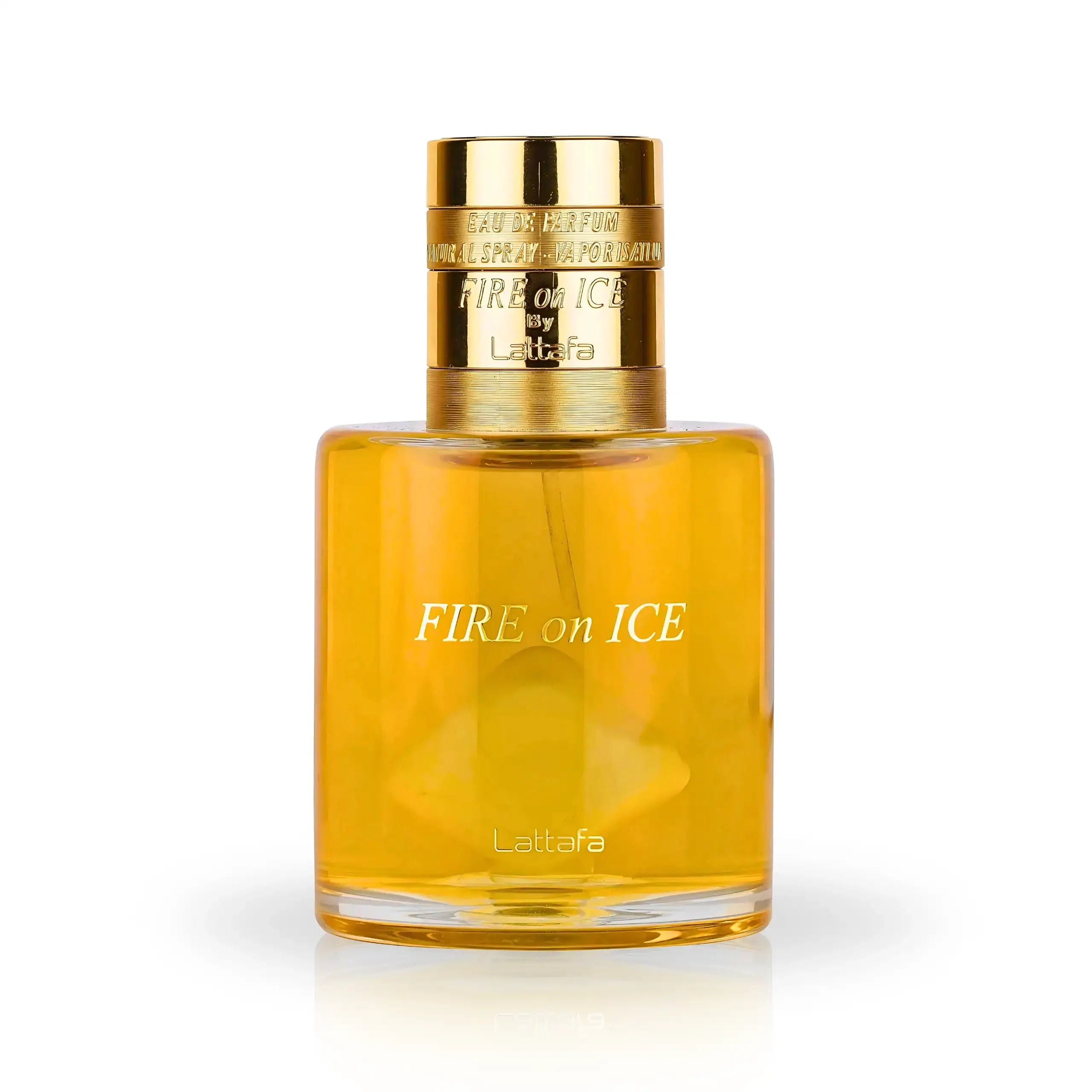Парфюм Lattafa Fire On Ice 100ml – елегантен флакон с червено-леден контраст, символизиращ сблъсъка между страст и хладна елегантност.