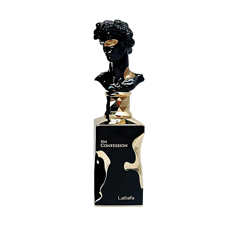 Елегантен черен флакон Lattafa His Confession 100 ml на тъмен фон със стилни златисти акценти.
