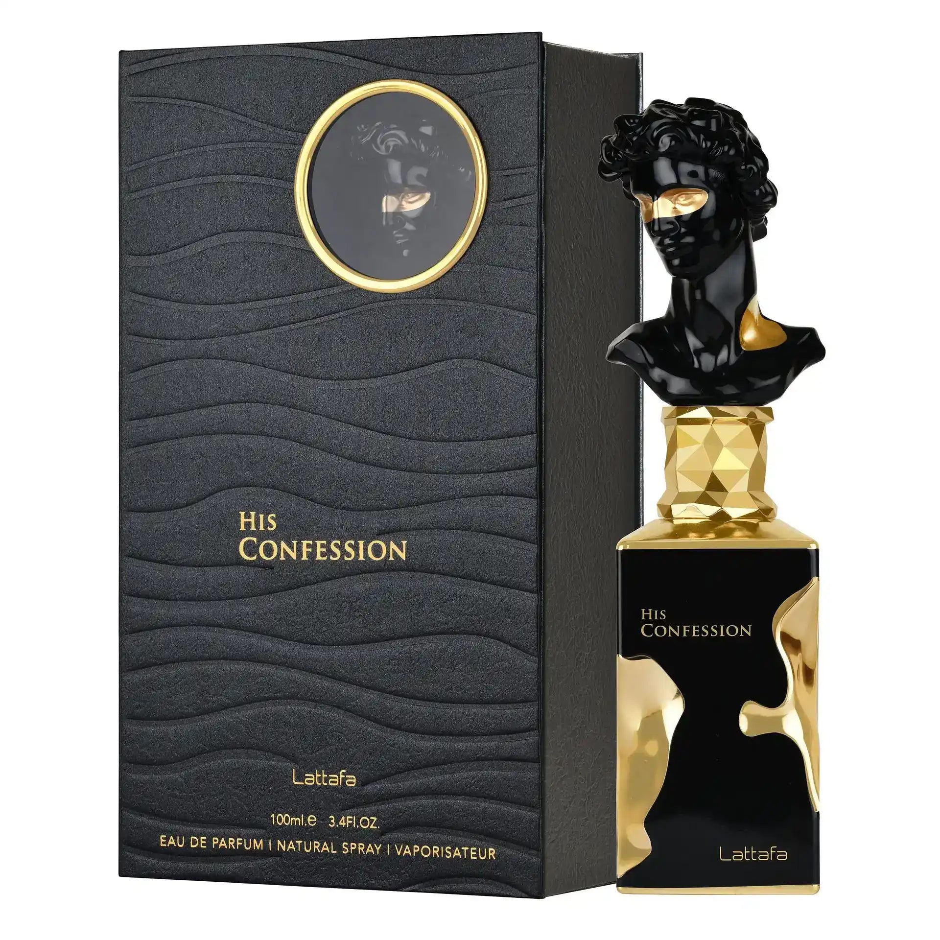 Елегантен черен флакон Lattafa His Confession 100 ml на тъмен фон със стилни златисти акценти.