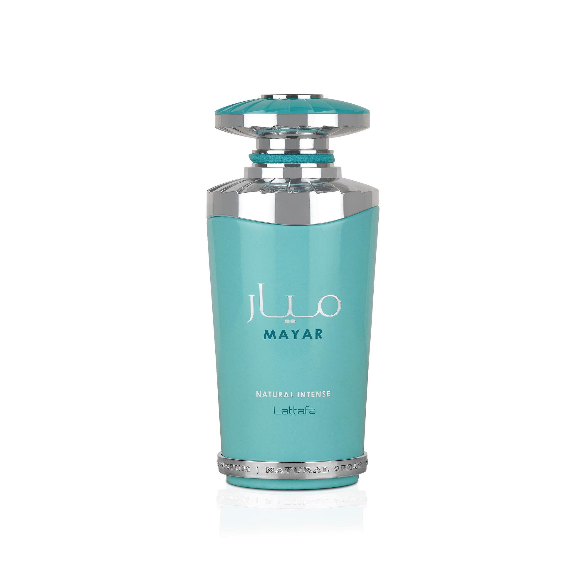 Lattafa Mayar Natural Intense Eau de Parfum 100 мл – женски аромат с плодови и цветни нотки, луксозен розово-златист флакон.