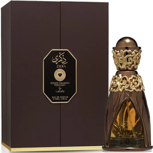 Lattafa Zikra Niche Eau de Parfum в изящна опаковка, идеален подарък за ценители на арабските парфюми.