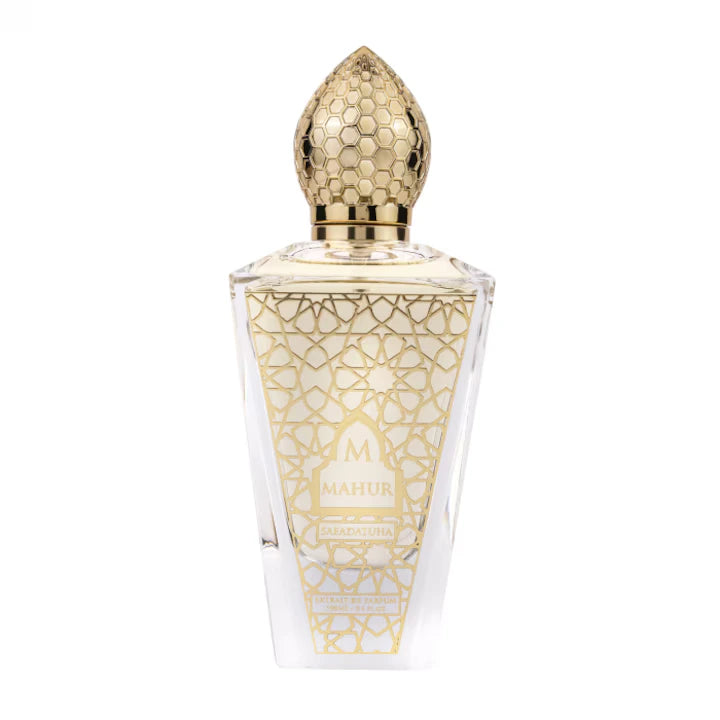 Елегантен флакон на Saedatuha Extrait de Parfum (100 ml) от Mahur с изчистен дизайн и топли златисти акценти