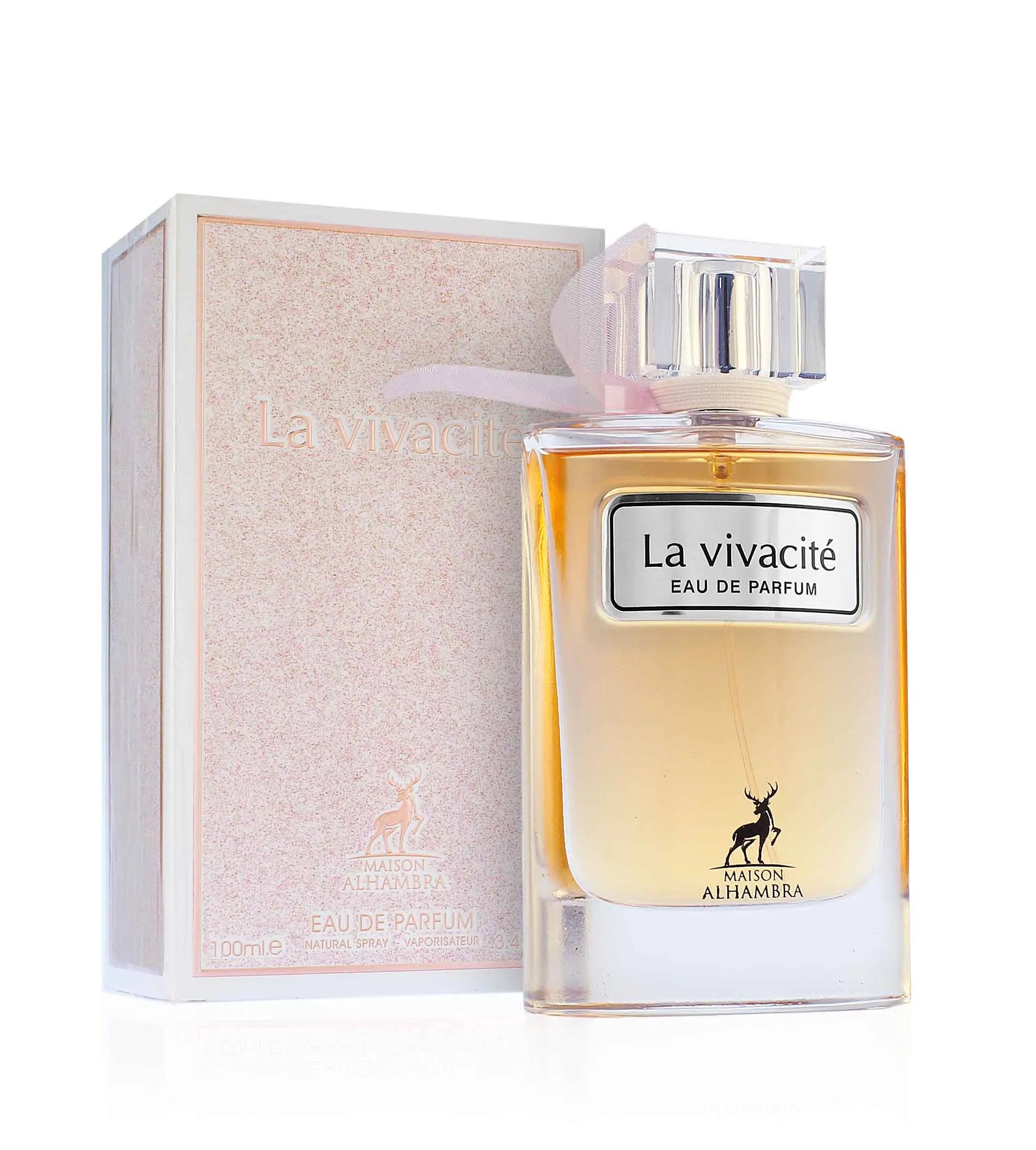 Флаконът на Maison Alhambra La Vivacite EDP – изискан дамски парфюм в нежно розов нюанс, вдъхновен от La Vie Est Belle.