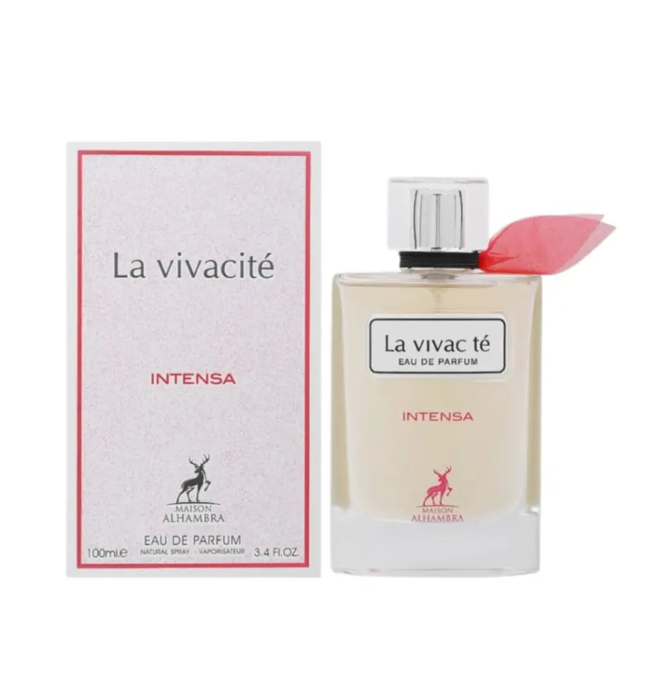 Флаконът на Maison Alhambra La Vivacite Intensa EDP – елегантен дамски парфюм с топъл розово-златист нюанс и изискан дизайн.