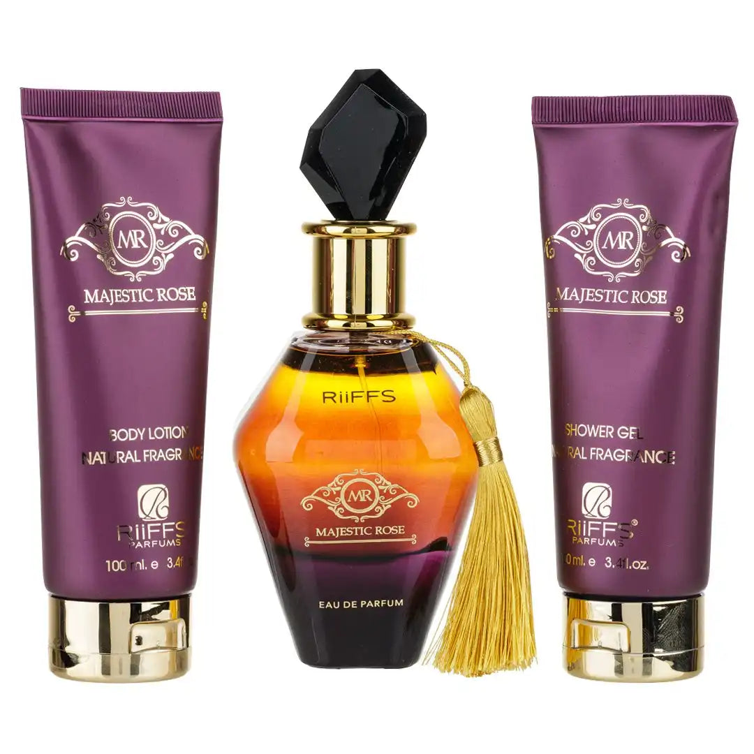 Елегантен комплект Majestic Rose от Riiffs с парфюм, душ гел и лосион в розово-лилава опаковка, вдъхновен от Lancôme Trésor Midnight Rose
