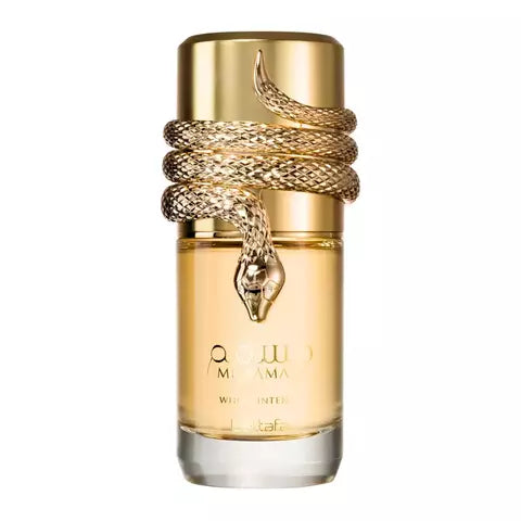 Lattafa Musamam White Intense дамски парфюм с елегантна опаковка и златна змия.