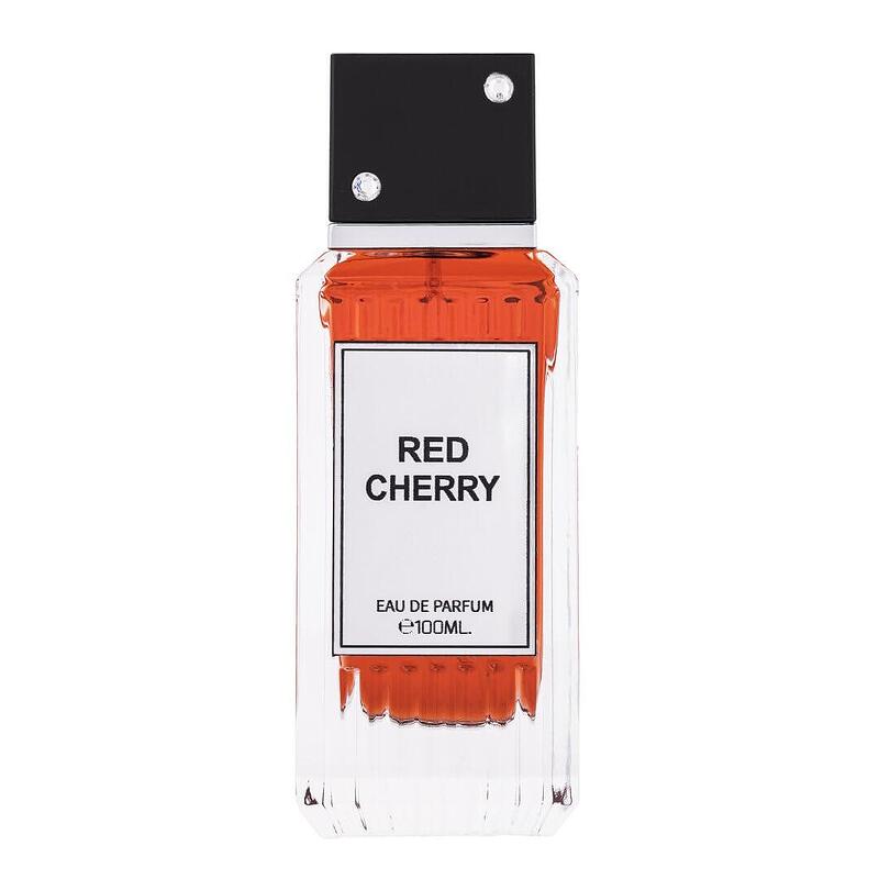 Флакон на Red Cherry от Wadi Al Khaleej върху кадифен фон с череши и нотки на ванилия и дърво