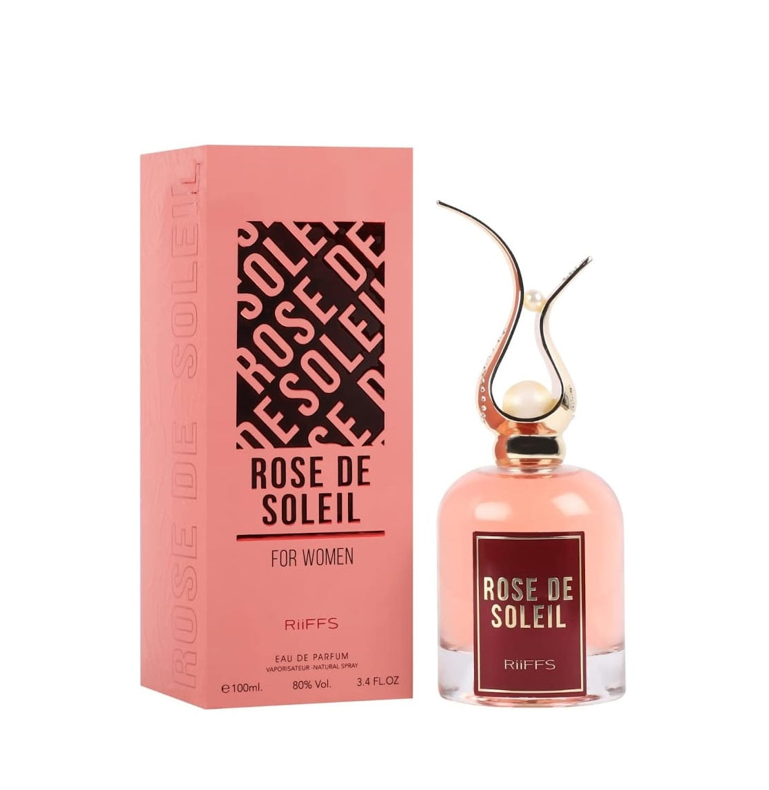 Изящен флакон на Rose De Soleil от Riiffs върху слънчев фон с рози и златни нюанси