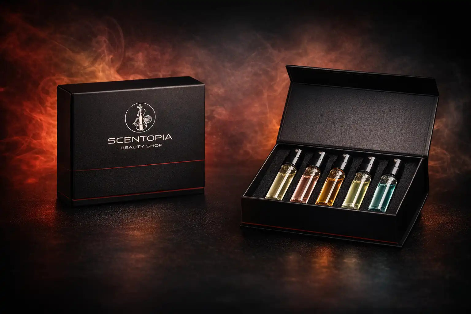 Discovery BOX: Парфюмни мостри x 5ml от Scentopia, открий аромати без риск с избор на 5 оригинални арабски парфюма в елегантна кутия.